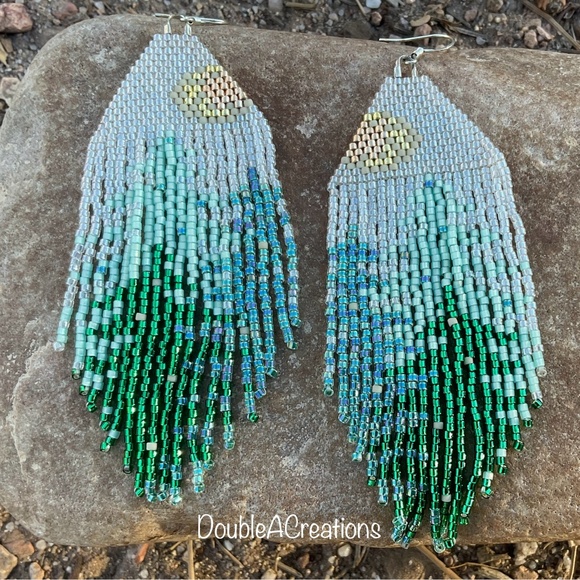 Pine Tree Beaded Earrings with Fringe, New, Handmade by Me - Picture 4 of 7
